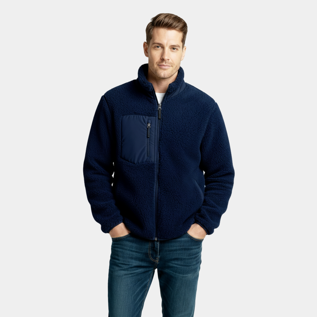 Men's Full-Zip Fleece Jacket - Soft Polyester Fabric - Casual Style - Ideal for Outdoor Activities and Layering