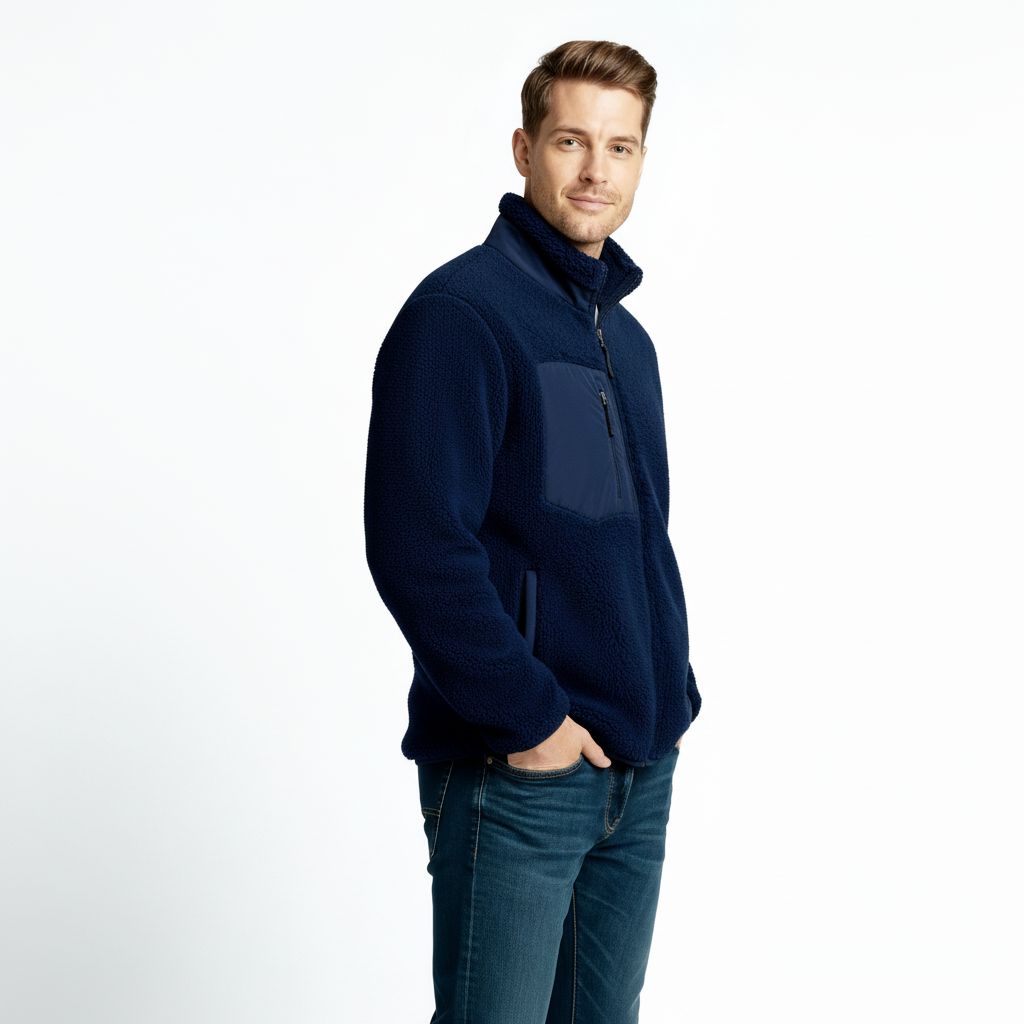 Men's Full-Zip Fleece Jacket - Soft Polyester Fabric - Casual Style - Ideal for Outdoor Activities and Layering