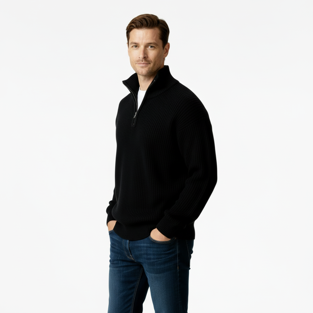Men's Half-Zip Knitted Sweater in Soft Cotton Blend for Casual Wear and Layering
