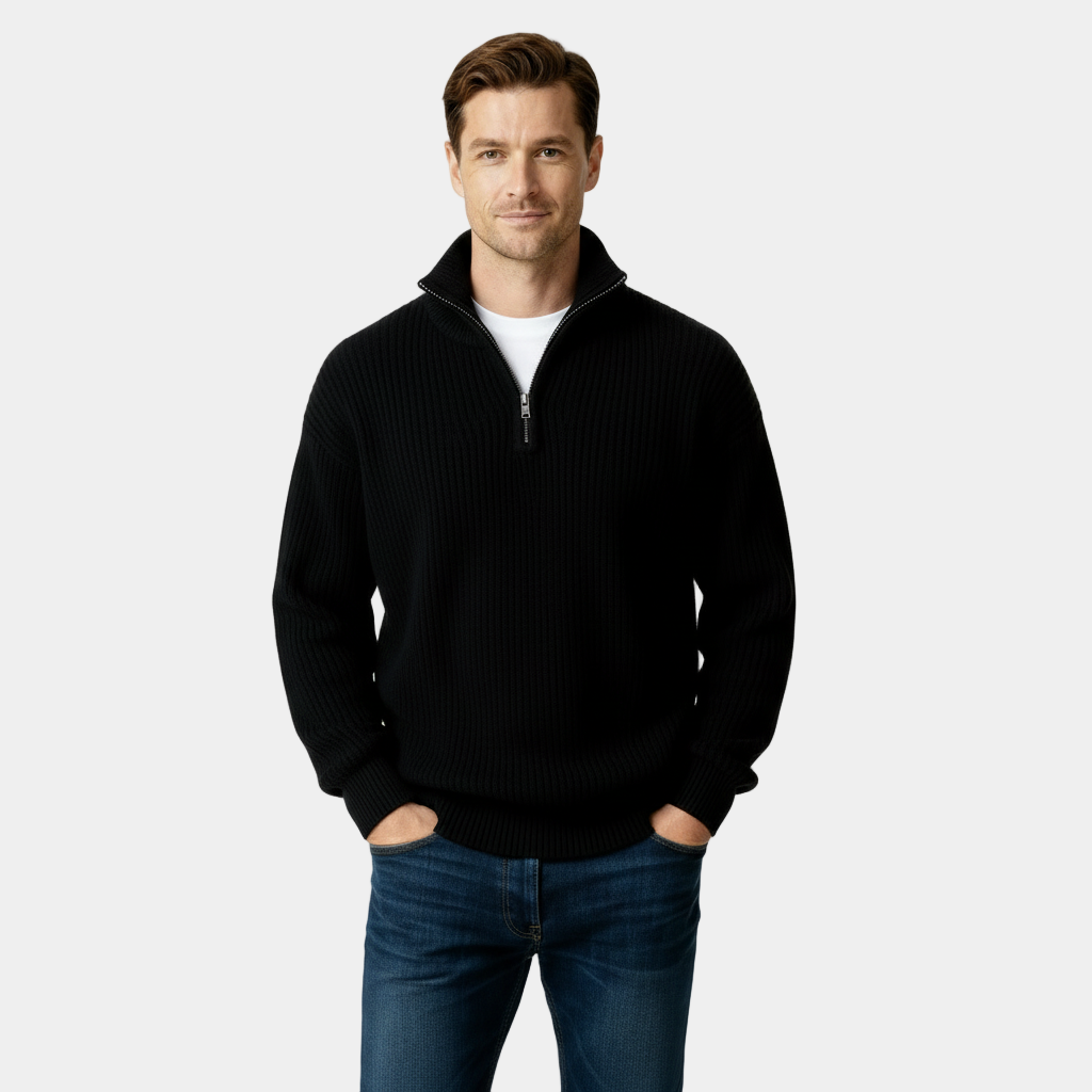 Men's Half-Zip Knitted Sweater in Soft Cotton Blend for Casual Wear and Layering