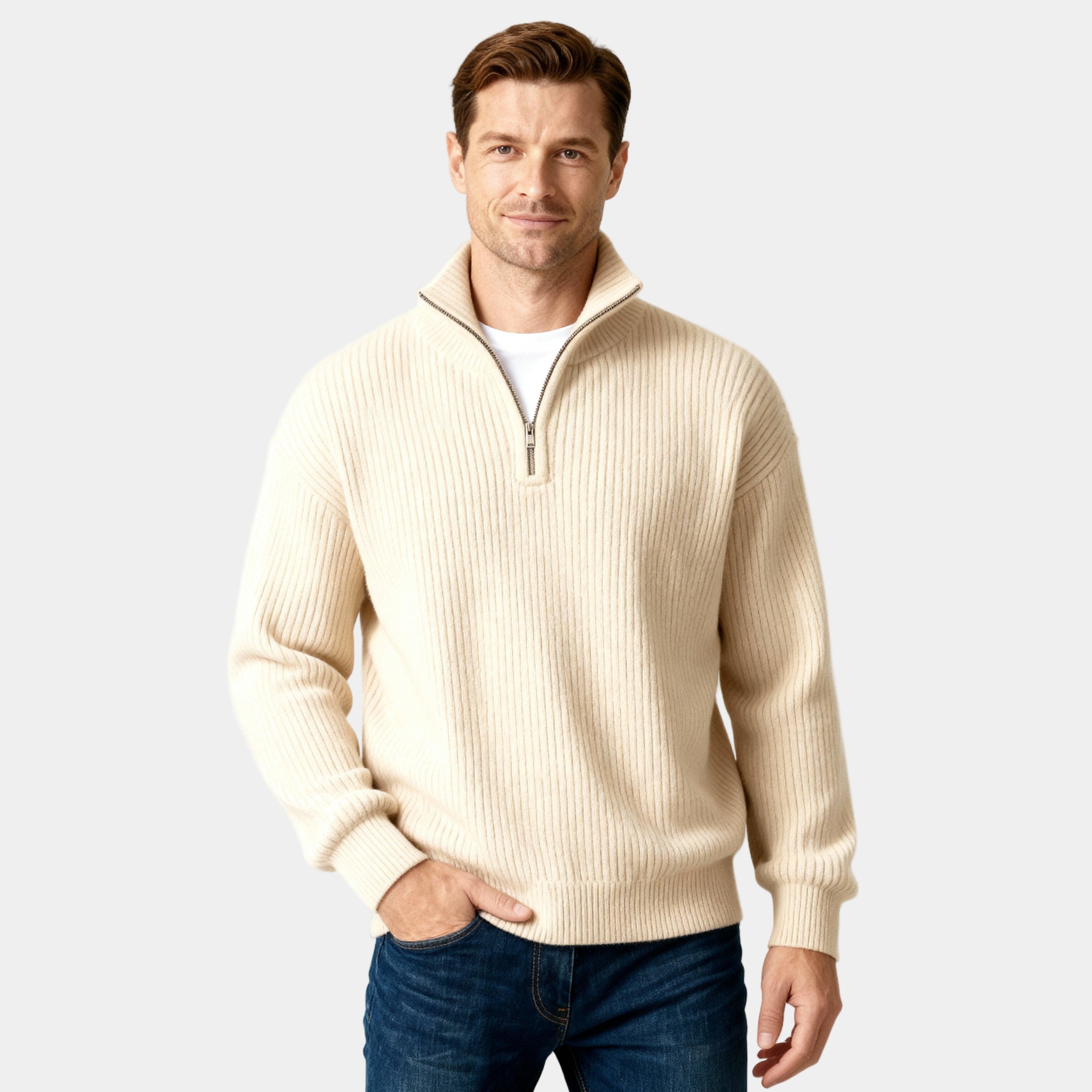 Men's Half-Zip Knitted Sweater in Soft Cotton Blend for Casual Wear and Layering