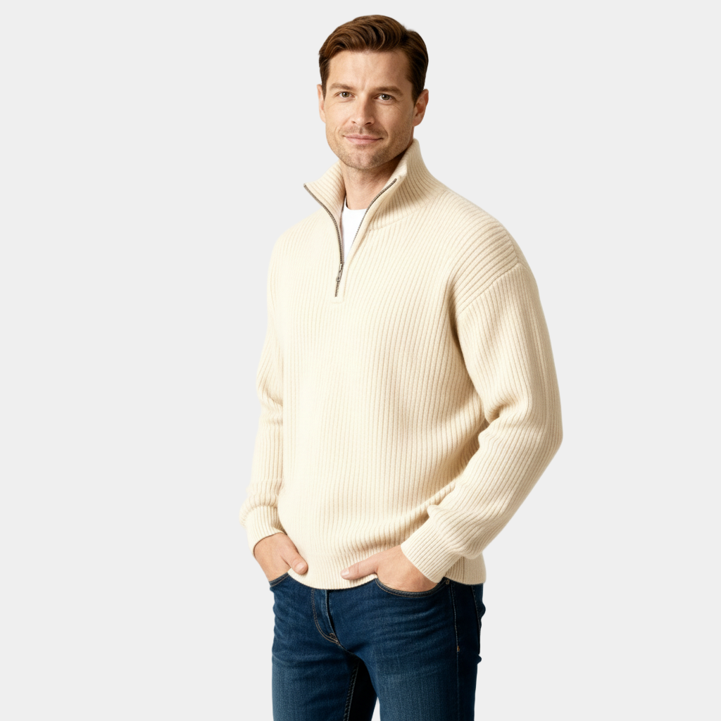 Men's Half-Zip Knitted Sweater in Soft Cotton Blend for Casual Wear and Layering