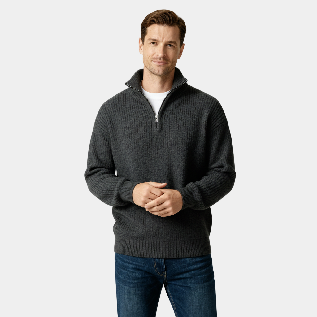 Men's Half-Zip Knitted Sweater in Soft Cotton Blend for Casual Wear and Layering