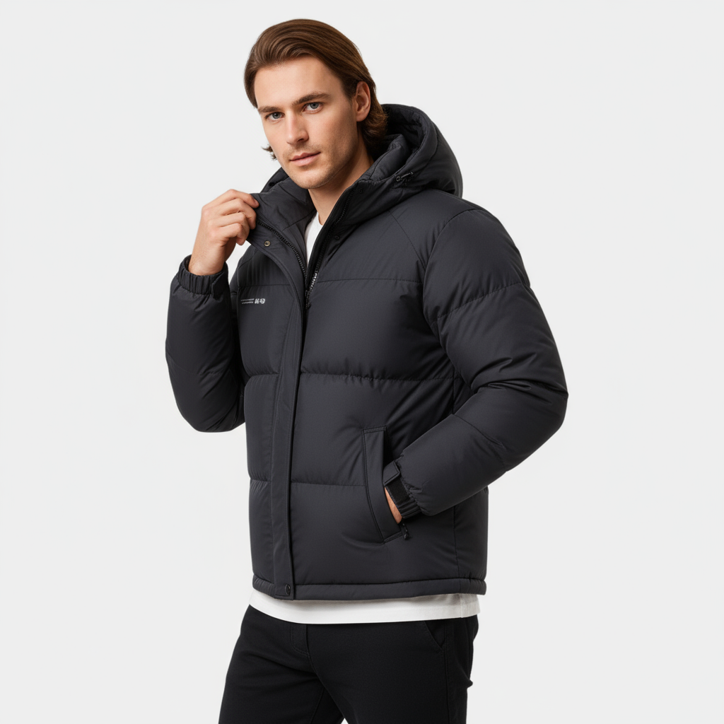 Men's Insulated Hooded Puffer Jacket - Matte Finish with Baffle Quilting for Cold Weather Outdoor Wear