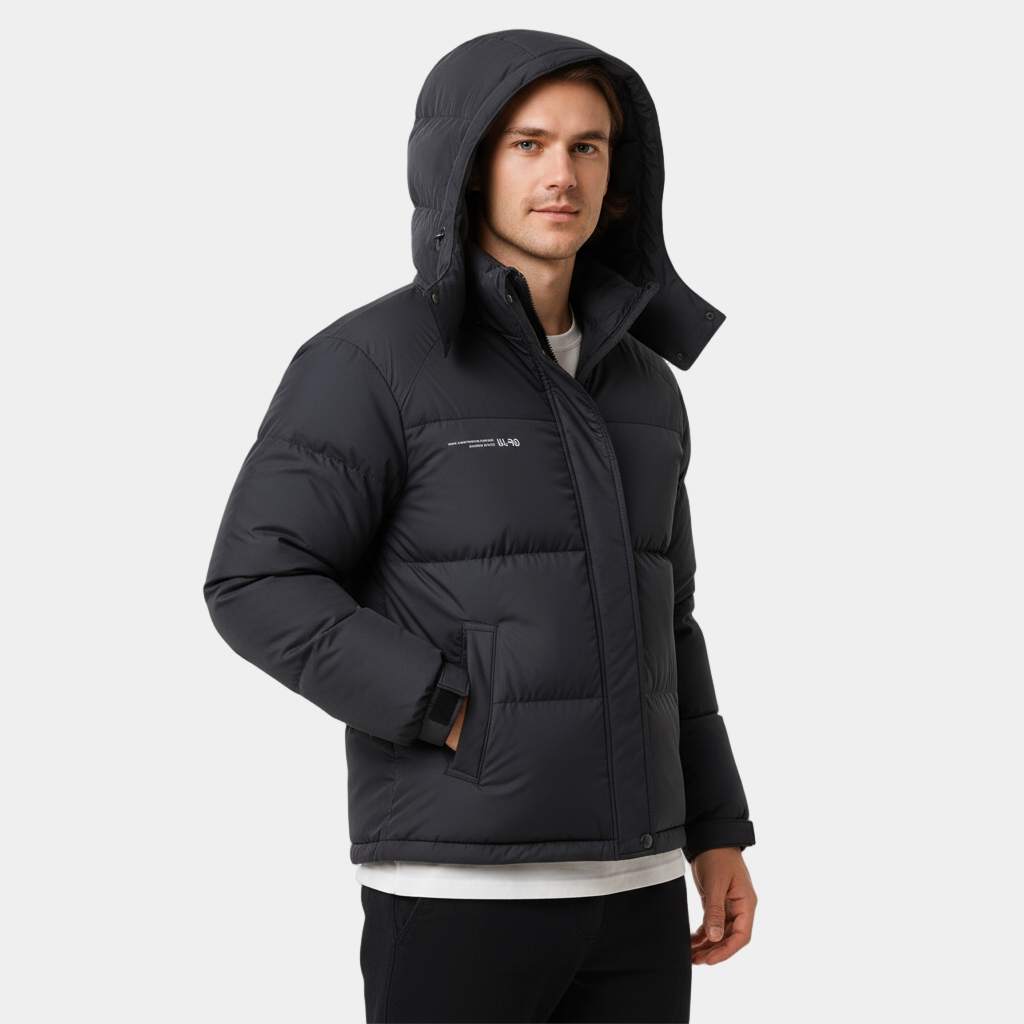 Men's Insulated Hooded Puffer Jacket - Matte Finish with Baffle Quilting for Cold Weather Outdoor Wear