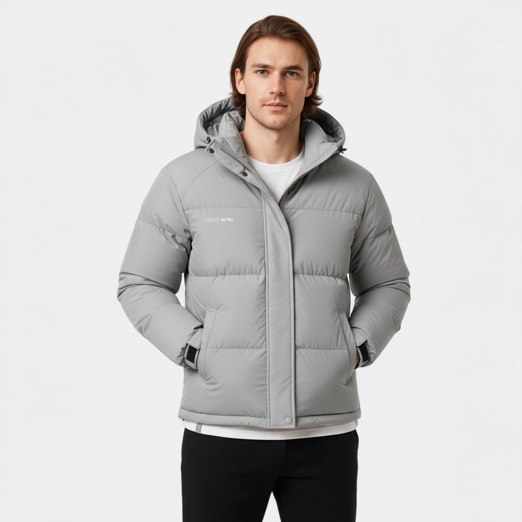Men's Insulated Hooded Puffer Jacket - Matte Finish with Baffle Quilting for Cold Weather Outdoor Wear