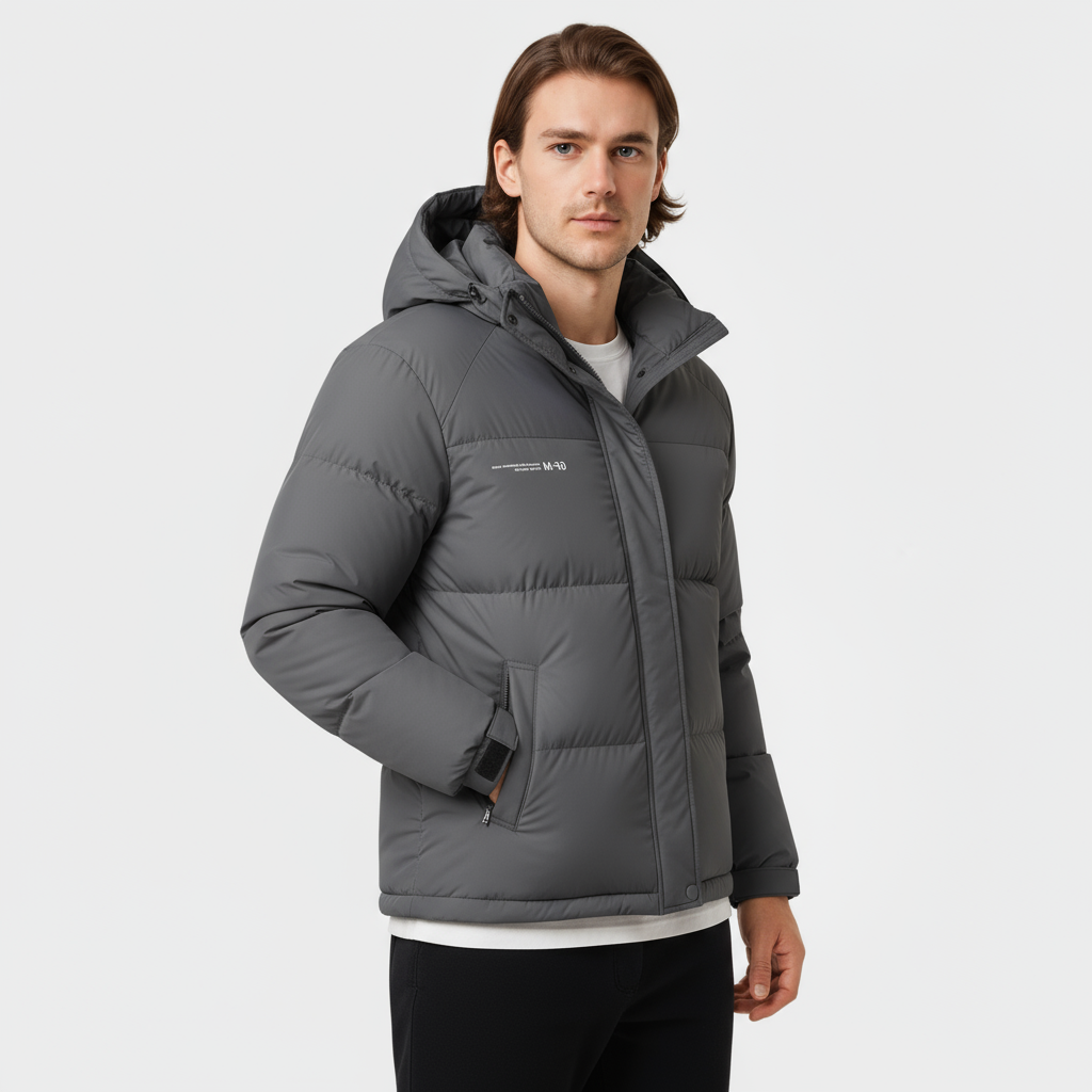 Men's Insulated Hooded Puffer Jacket - Matte Finish with Baffle Quilting for Cold Weather Outdoor Wear