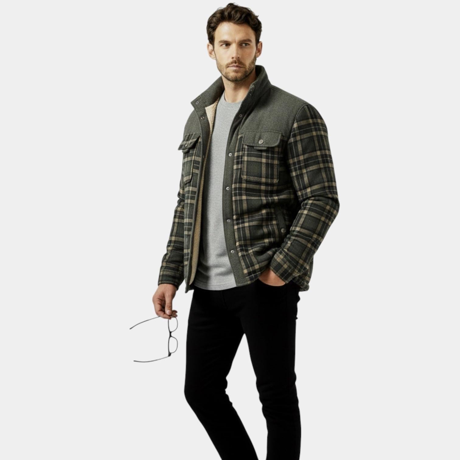 Men's Insulated Quilted Plaid Utility Jacket - Button-Up Overshirt for Outdoor Work and Casual Wear