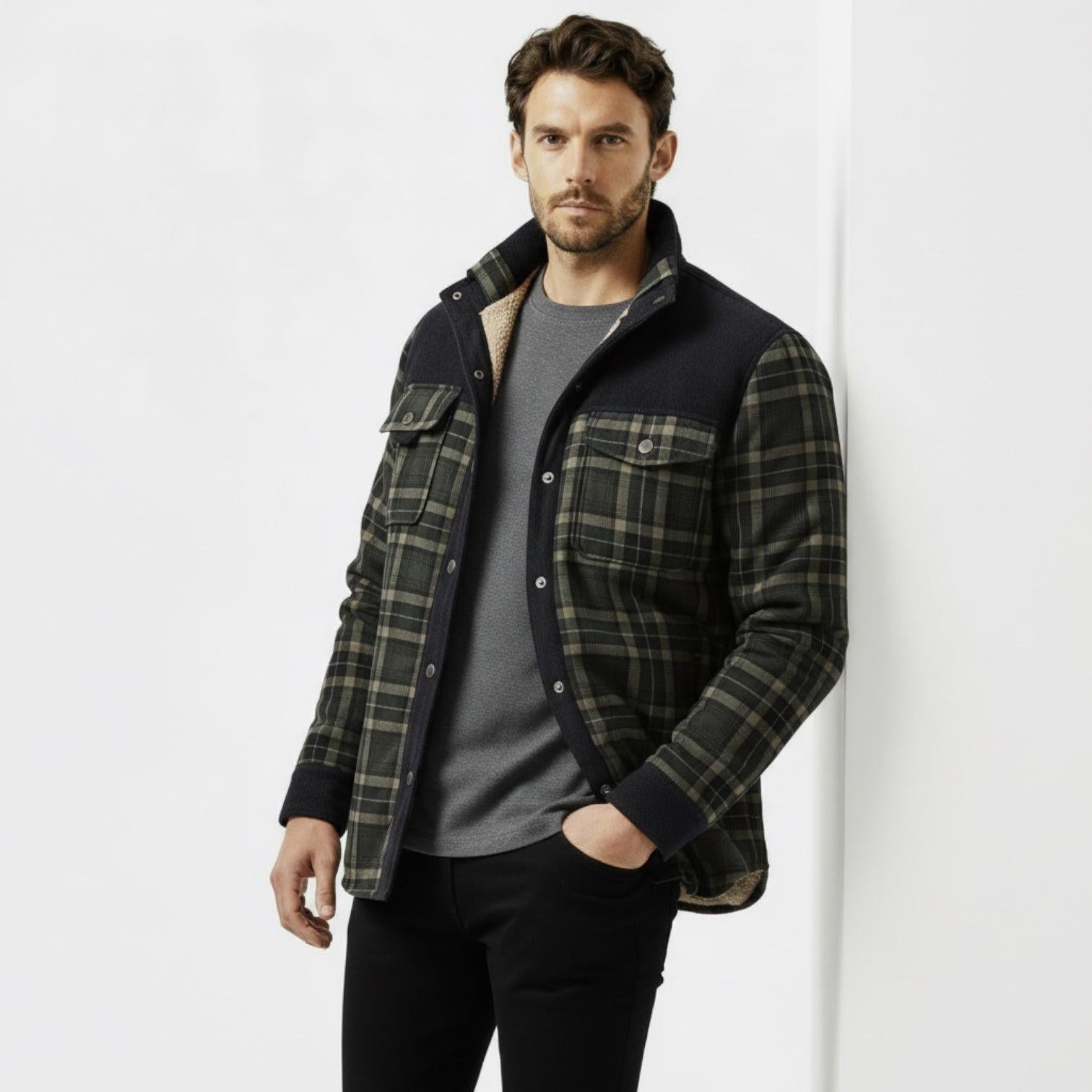 Men's Insulated Quilted Plaid Utility Jacket - Button-Up Overshirt for Outdoor Work and Casual Wear