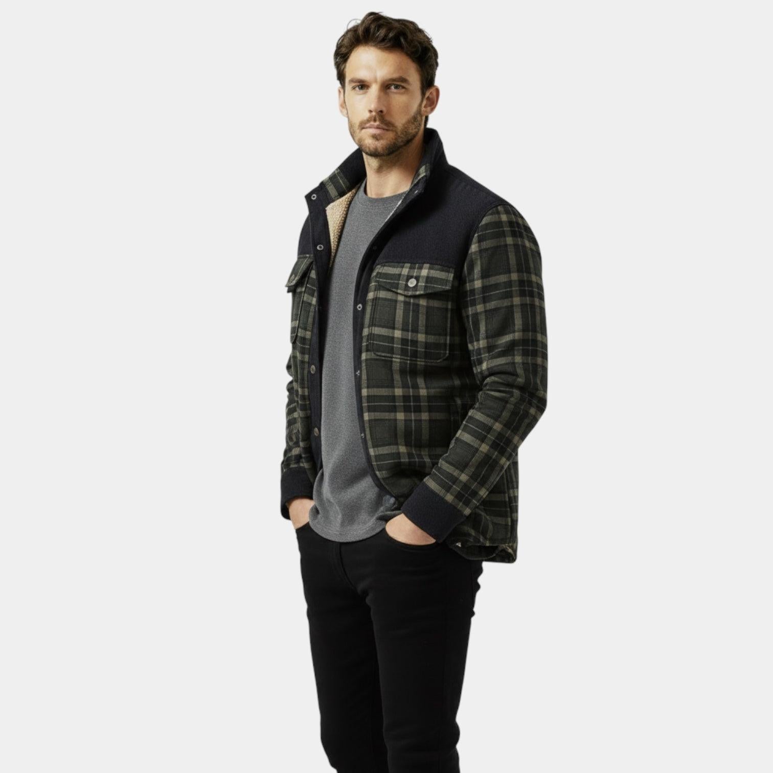 Men's Insulated Quilted Plaid Utility Jacket - Button-Up Overshirt for Outdoor Work and Casual Wear