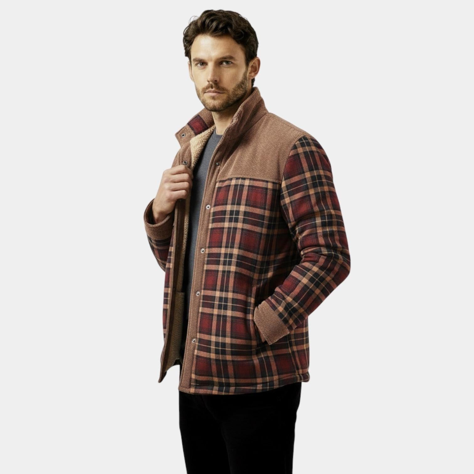 Men's Insulated Quilted Plaid Utility Jacket - Button-Up Overshirt for Outdoor Work and Casual Wear