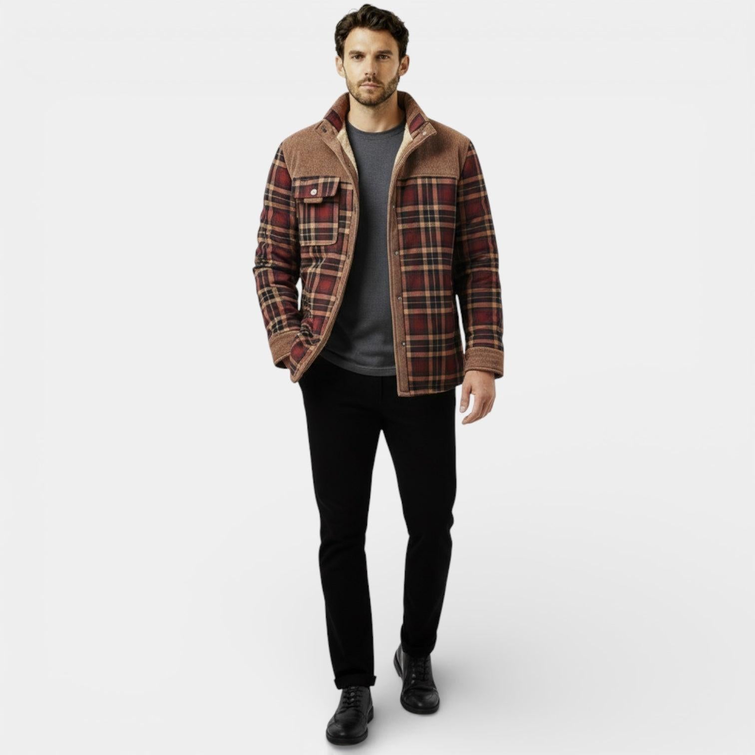 Men's Insulated Quilted Plaid Utility Jacket - Button-Up Overshirt for Outdoor Work and Casual Wear