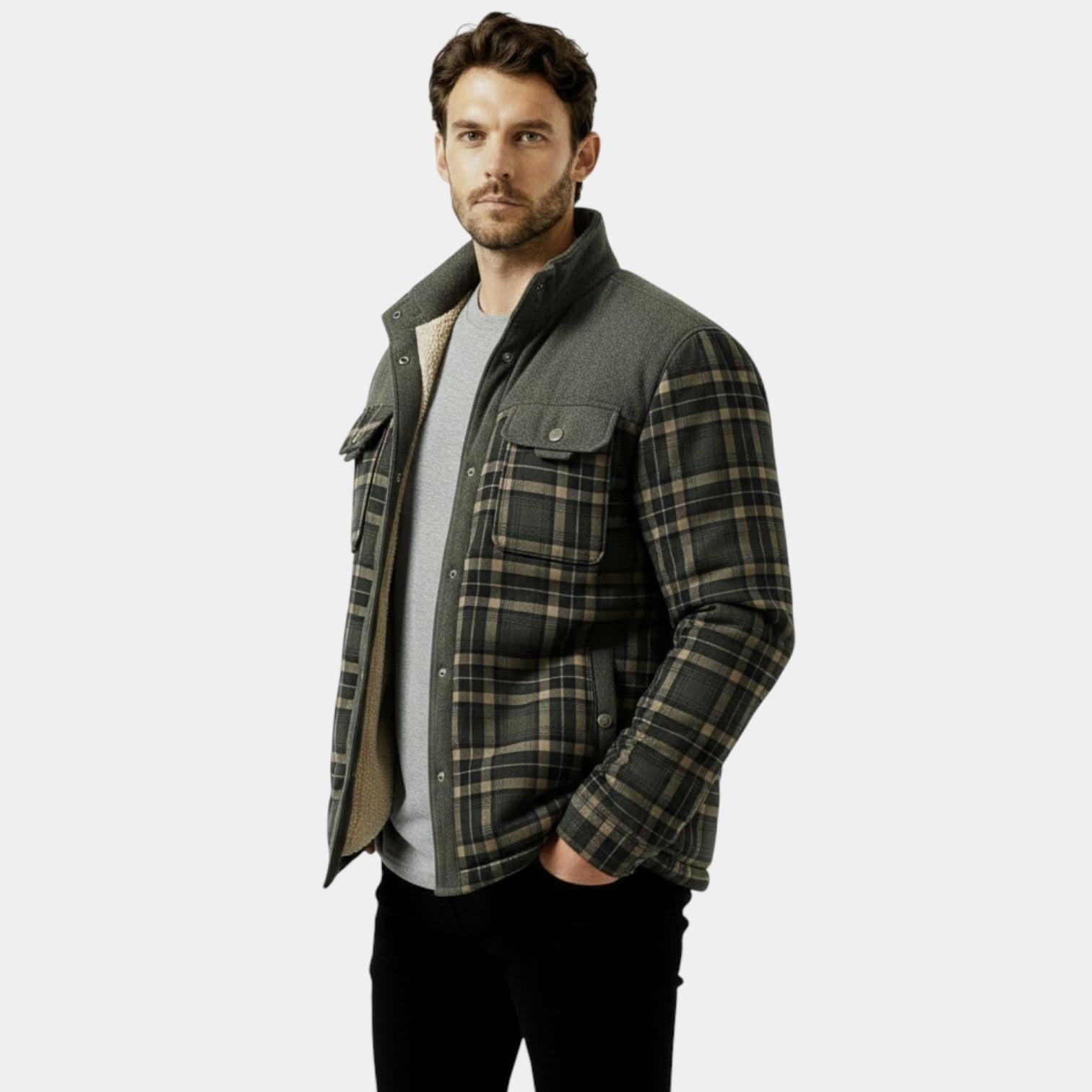 Men's Insulated Quilted Plaid Utility Jacket - Button-Up Overshirt for Outdoor Work and Casual Wear