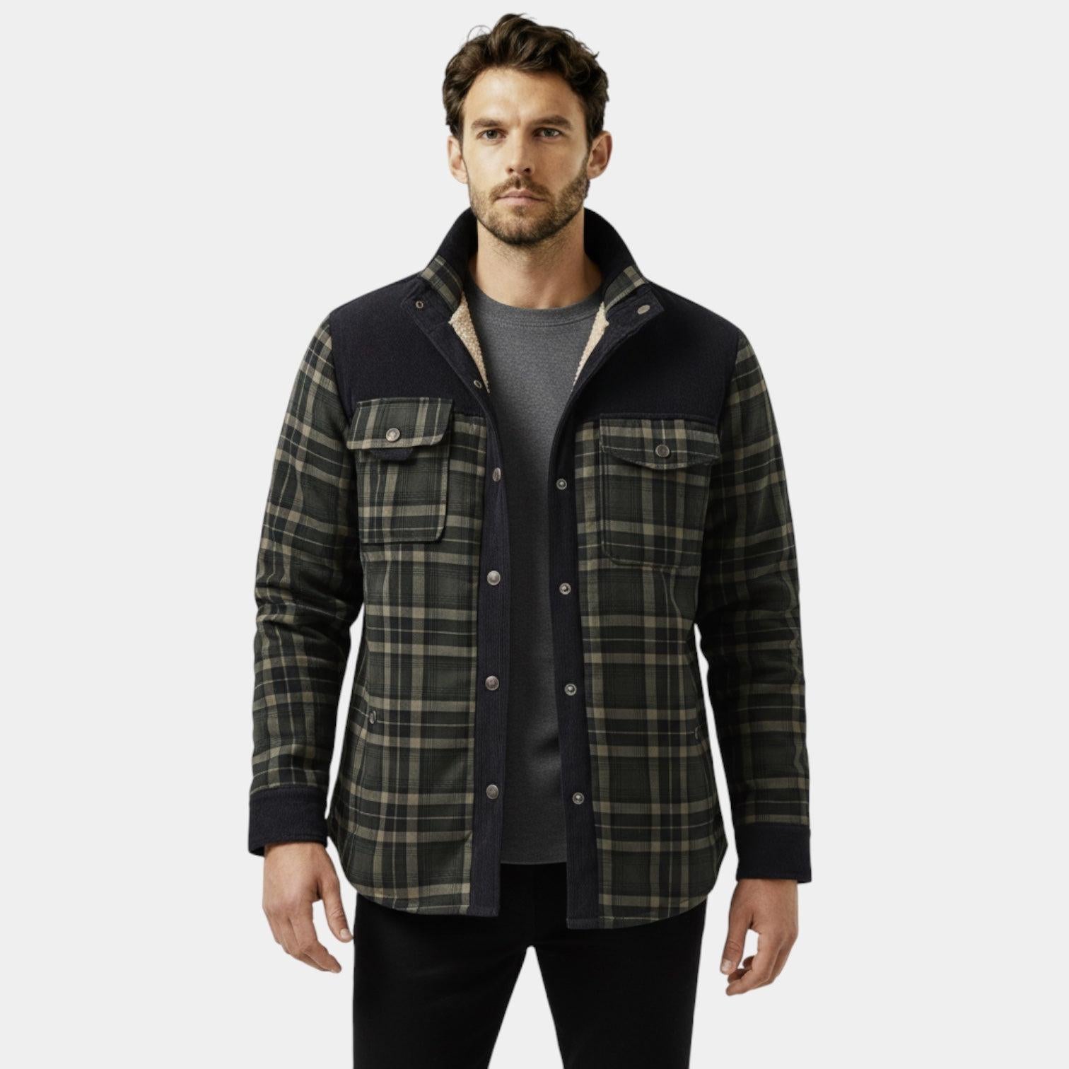 Men's Insulated Quilted Plaid Utility Jacket - Button-Up Overshirt for Outdoor Work and Casual Wear