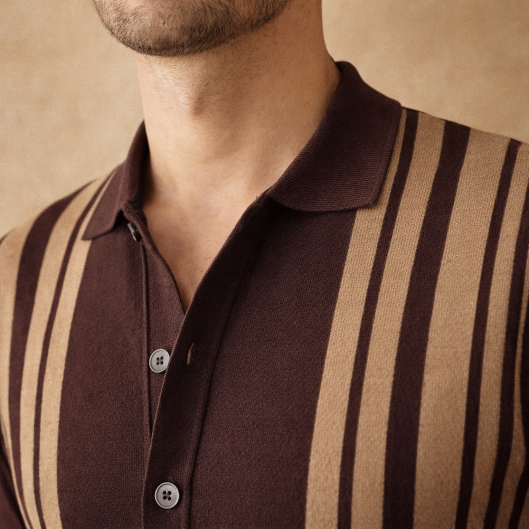 Men's Knit Polo Shirt - Retro Striped Design for Casual Wear