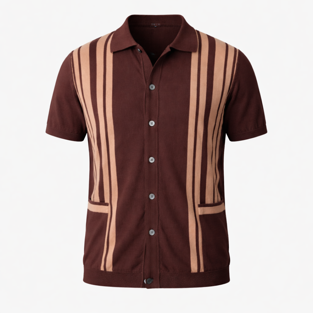Men's Knit Polo Shirt - Retro Striped Design for Casual Wear