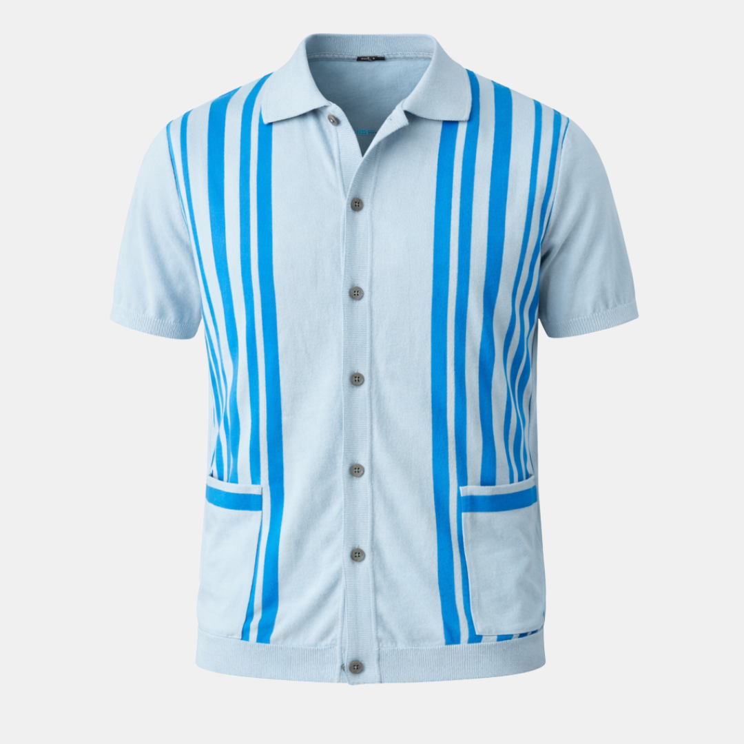 Men's Knit Polo Shirt - Retro Striped Design for Casual Wear
