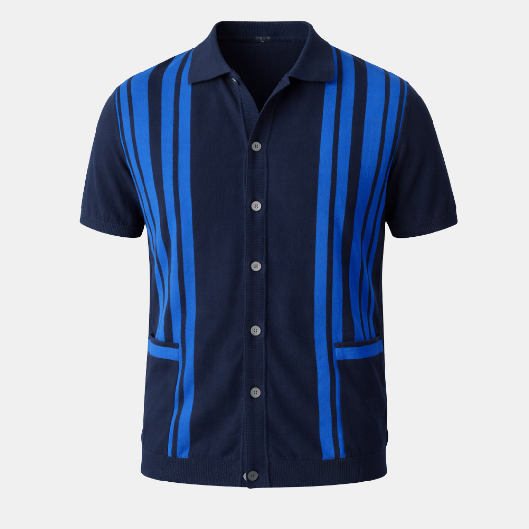 Men's Knit Polo Shirt - Retro Striped Design for Casual Wear