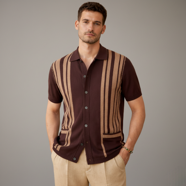 Men's Knit Polo Shirt - Retro Striped Design for Casual Wear