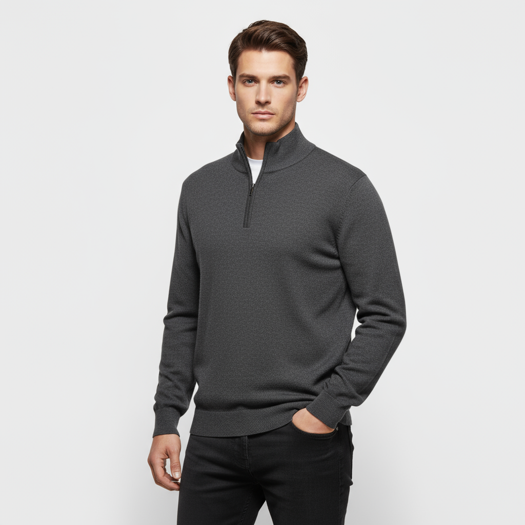 Men's Knit Quarter-Zip Sweater - Ribbed Mock Neck Pullover for Casual Wear and Layering