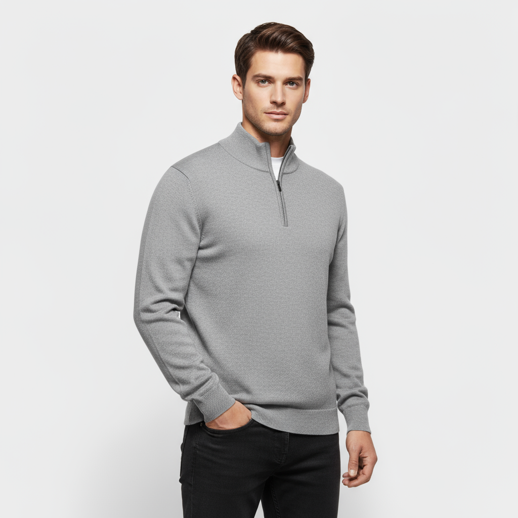 Men's Knit Quarter-Zip Sweater - Ribbed Mock Neck Pullover for Casual Wear and Layering