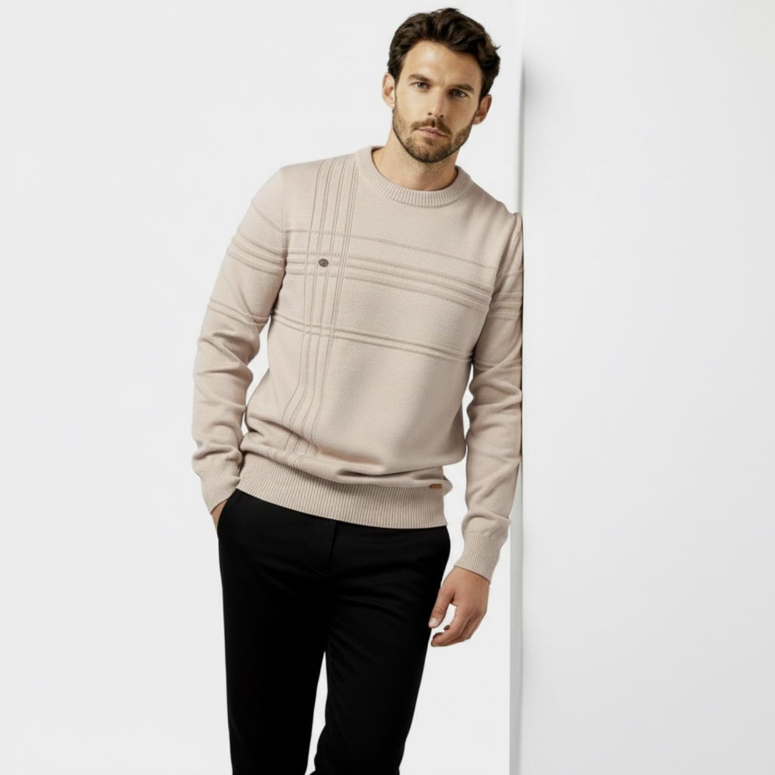 Men's Knit Sweater - Textured Stripe Design - Crew Neck - Casual Wear Essential for Everyday Comfort