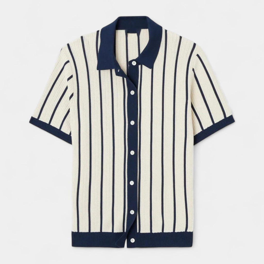 Men's Knitted Polo Shirt with Vertical Rib Texture, Short Sleeves, Button Placket - Casual Wear for Everyday Style
