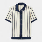 Men's Knitted Polo Shirt with Vertical Rib Texture, Short Sleeves, Button Placket - Casual Wear for Everyday Style