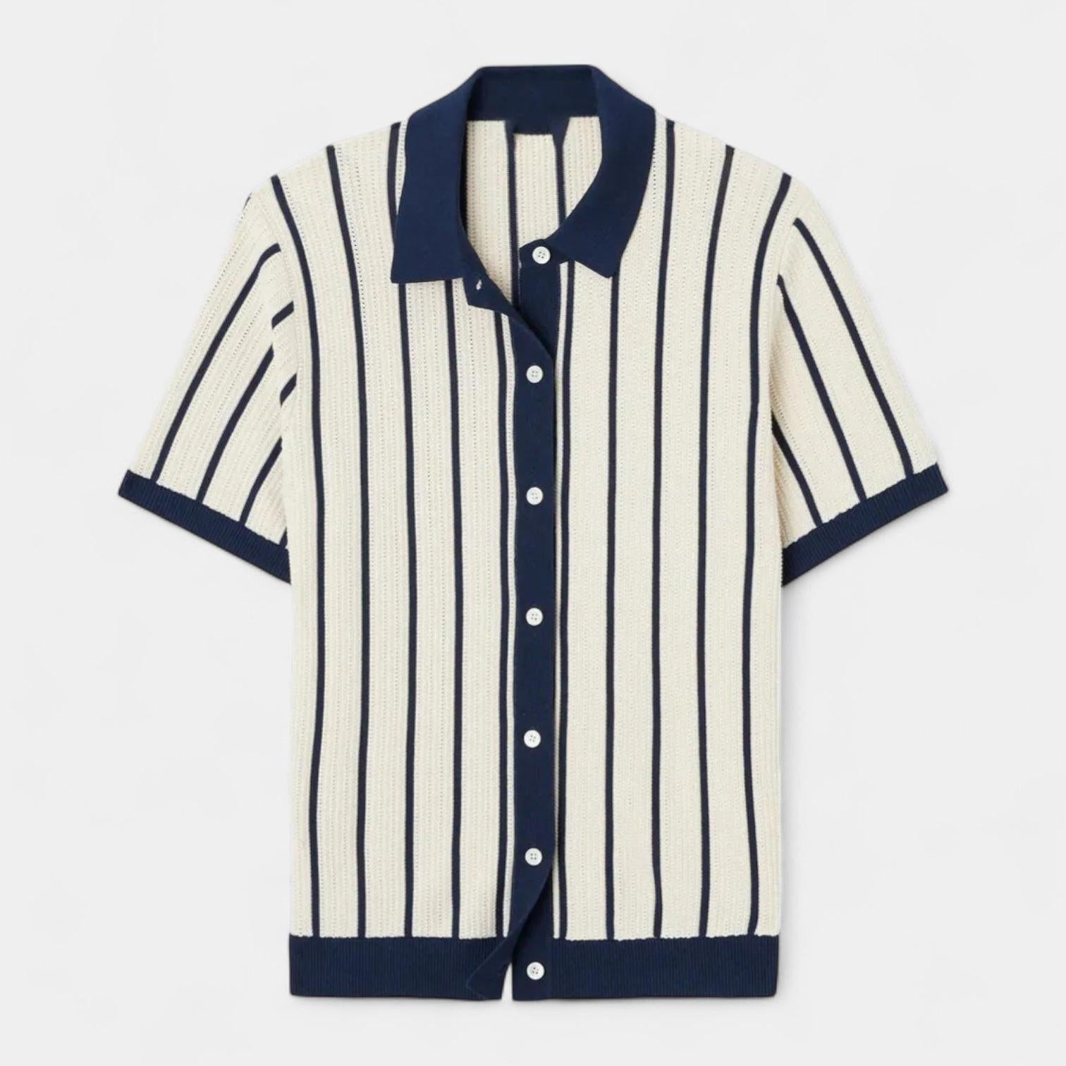 Men's Knitted Polo Shirt with Vertical Rib Texture, Short Sleeves, Button Placket - Casual Wear for Everyday Style