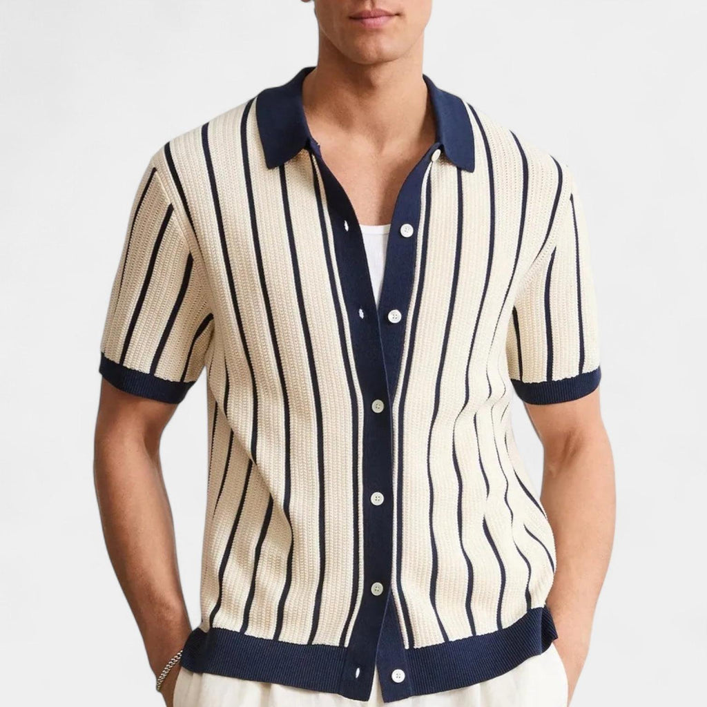 Men's Knitted Polo Shirt with Vertical Rib Texture, Short Sleeves, Button Placket - Casual Wear for Everyday Style