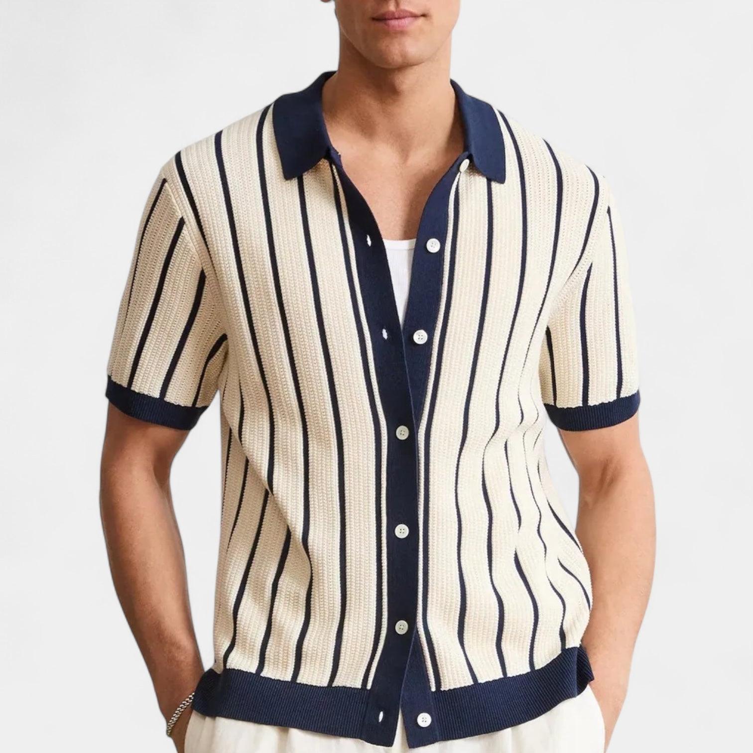 Men's Knitted Polo Shirt with Vertical Rib Texture, Short Sleeves, Button Placket - Casual Wear for Everyday Style