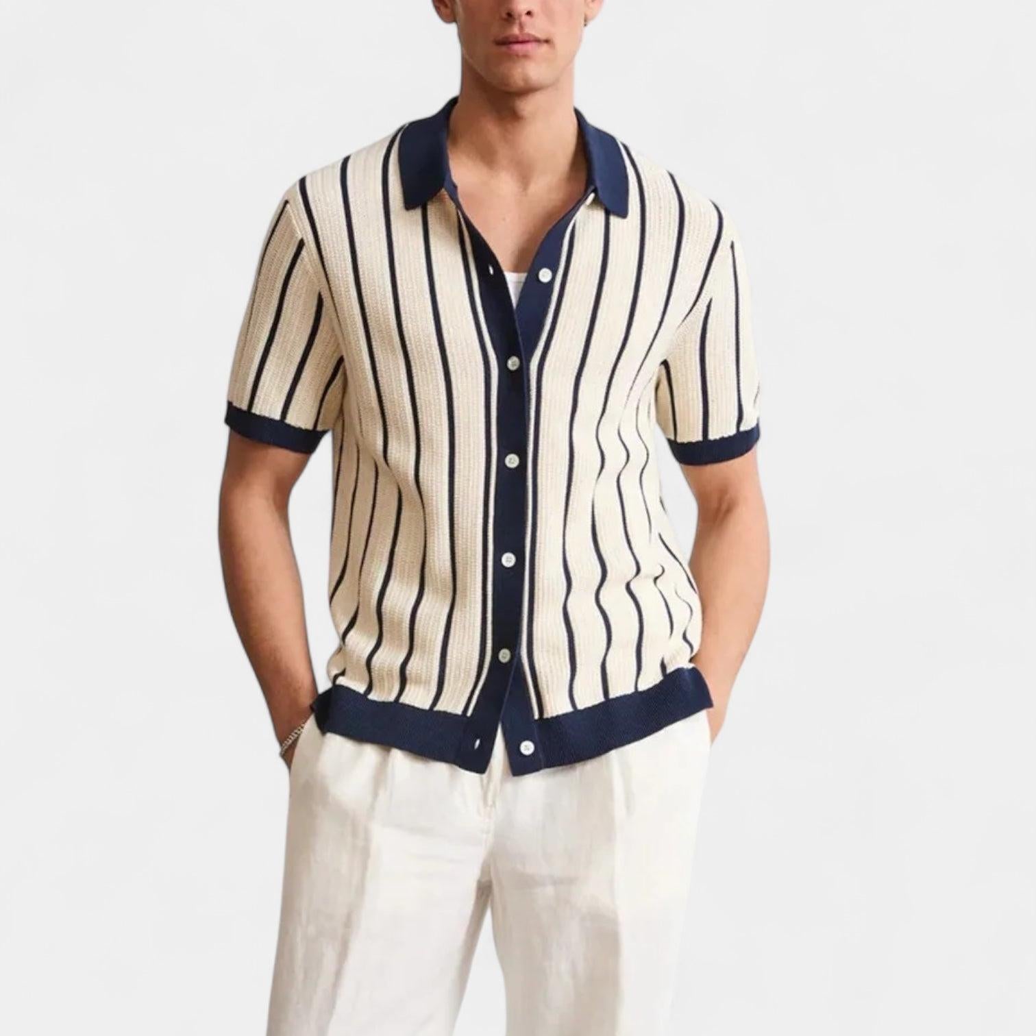 Men's Knitted Polo Shirt with Vertical Rib Texture, Short Sleeves, Button Placket - Casual Wear for Everyday Style