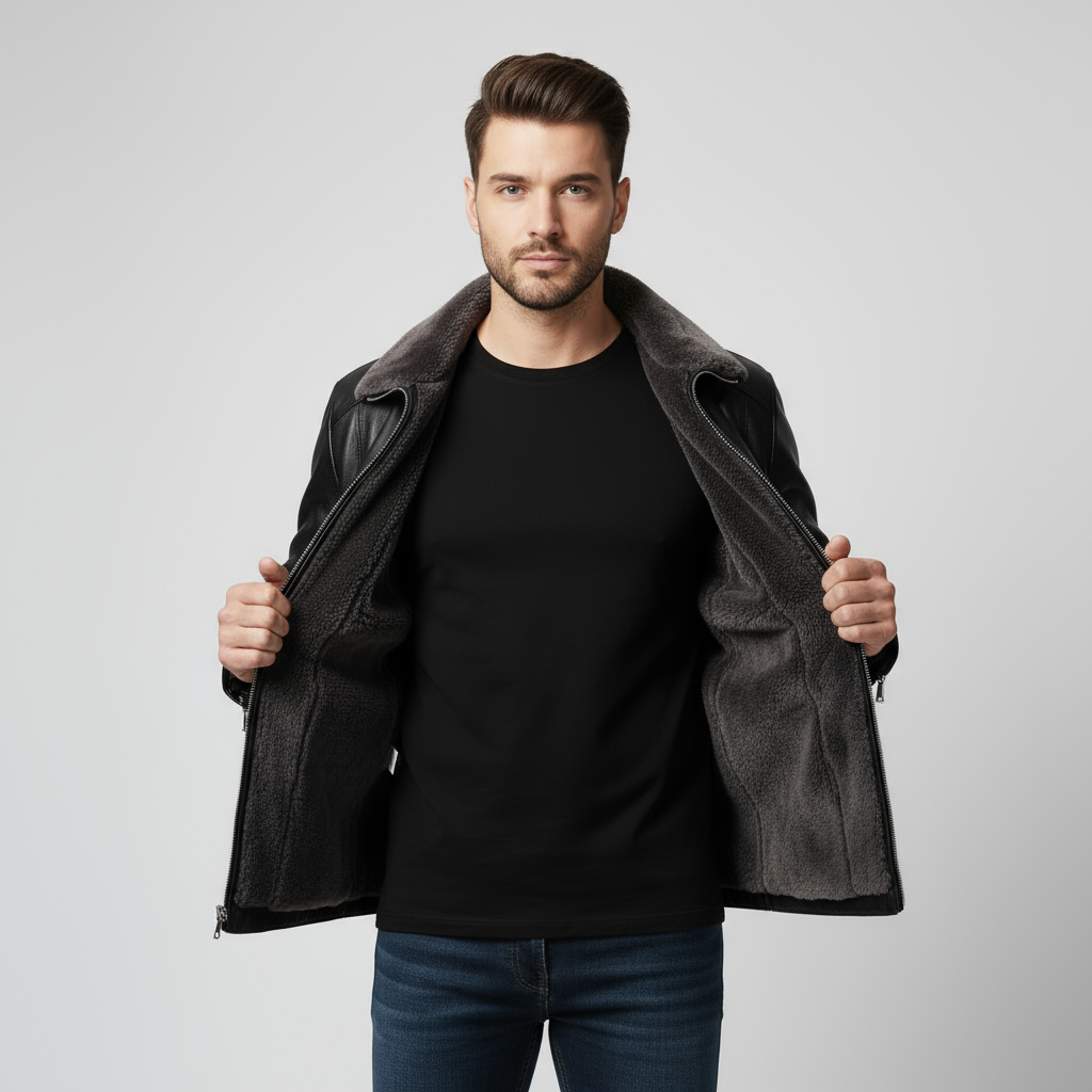 Men’s Leather Biker Jacket with Fur Collar | Stylish Motorcycle Jacket for Casual Wear | Warm and Durable Design