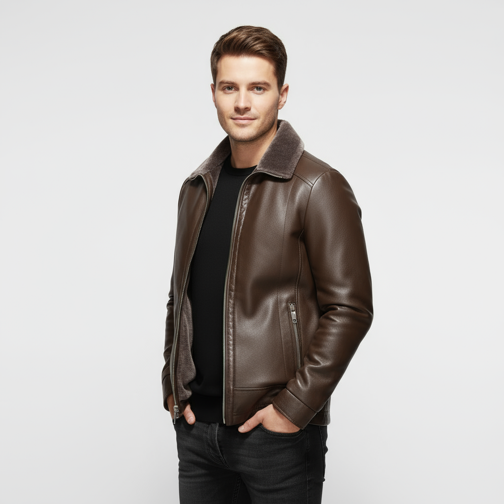 Men’s Leather Biker Jacket with Fur Collar | Stylish Motorcycle Jacket for Casual Wear | Warm and Durable Design