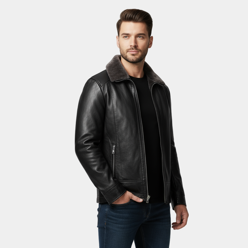 Men’s Leather Biker Jacket with Fur Collar | Stylish Motorcycle Jacket for Casual Wear | Warm and Durable Design