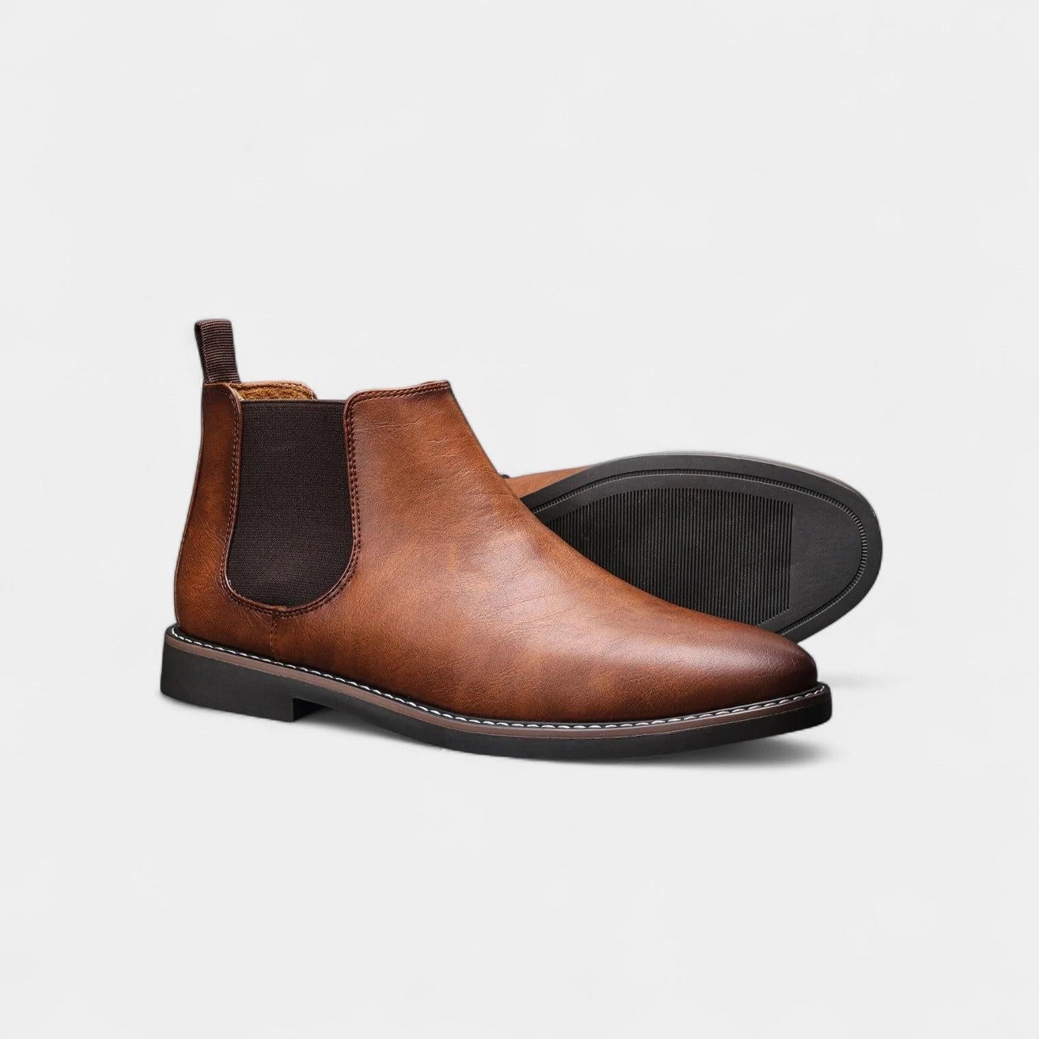 Men's Leather Chelsea Boots - Rounded Toe, Low Block Heel - Stylish Footwear for Casual and Formal Occasions