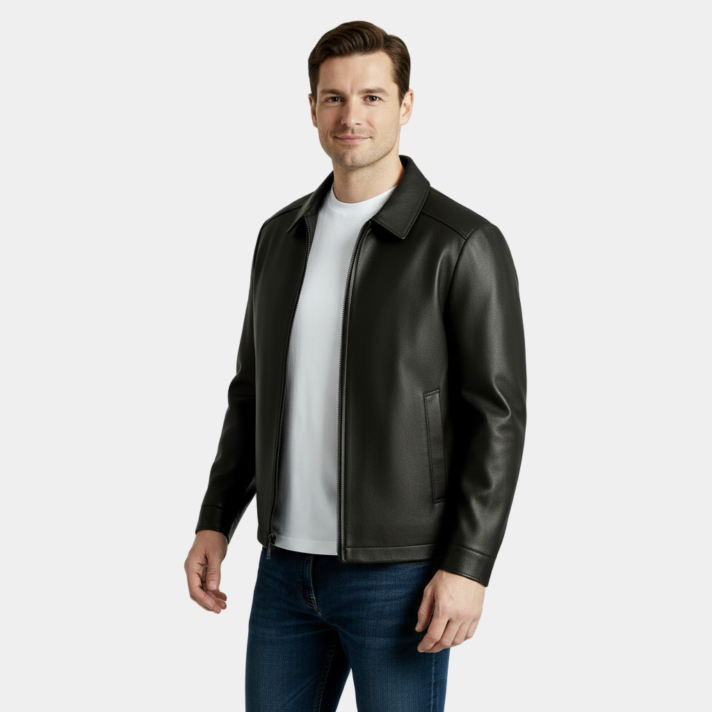 Men's Leather Harrington Jacket with Classic Collar – Stylish Outerwear for Casual and Smart-Casual Occasions