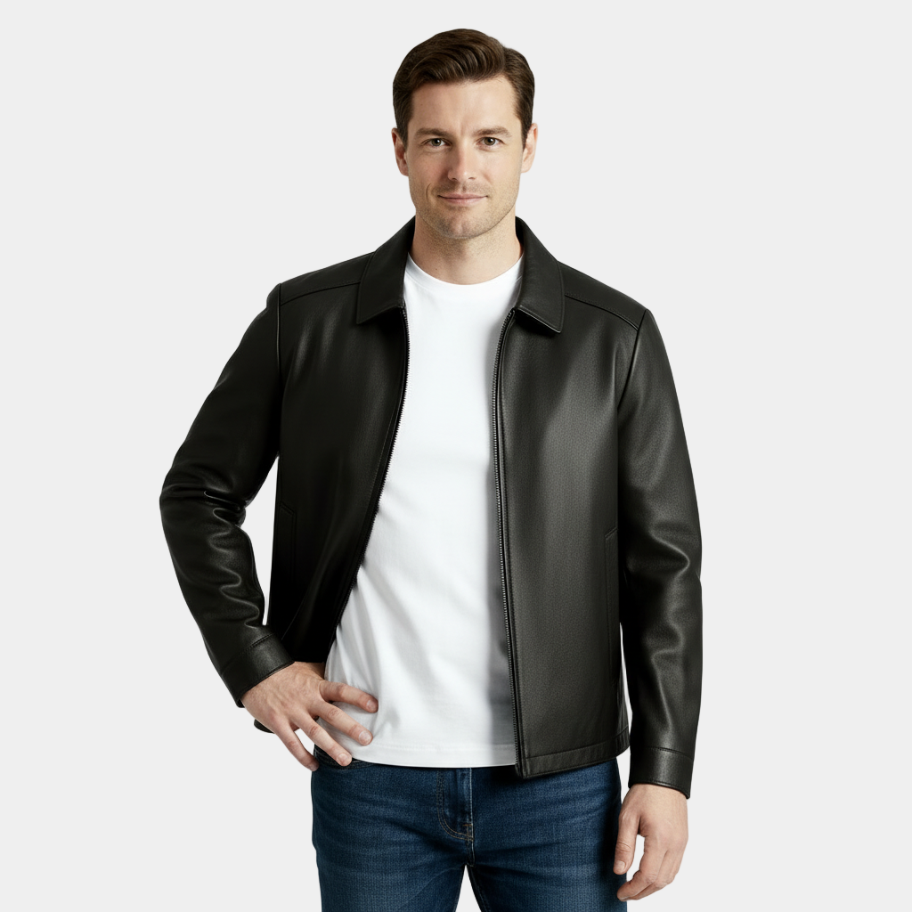 Men's Leather Harrington Jacket with Classic Collar – Stylish Outerwear for Casual and Smart-Casual Occasions