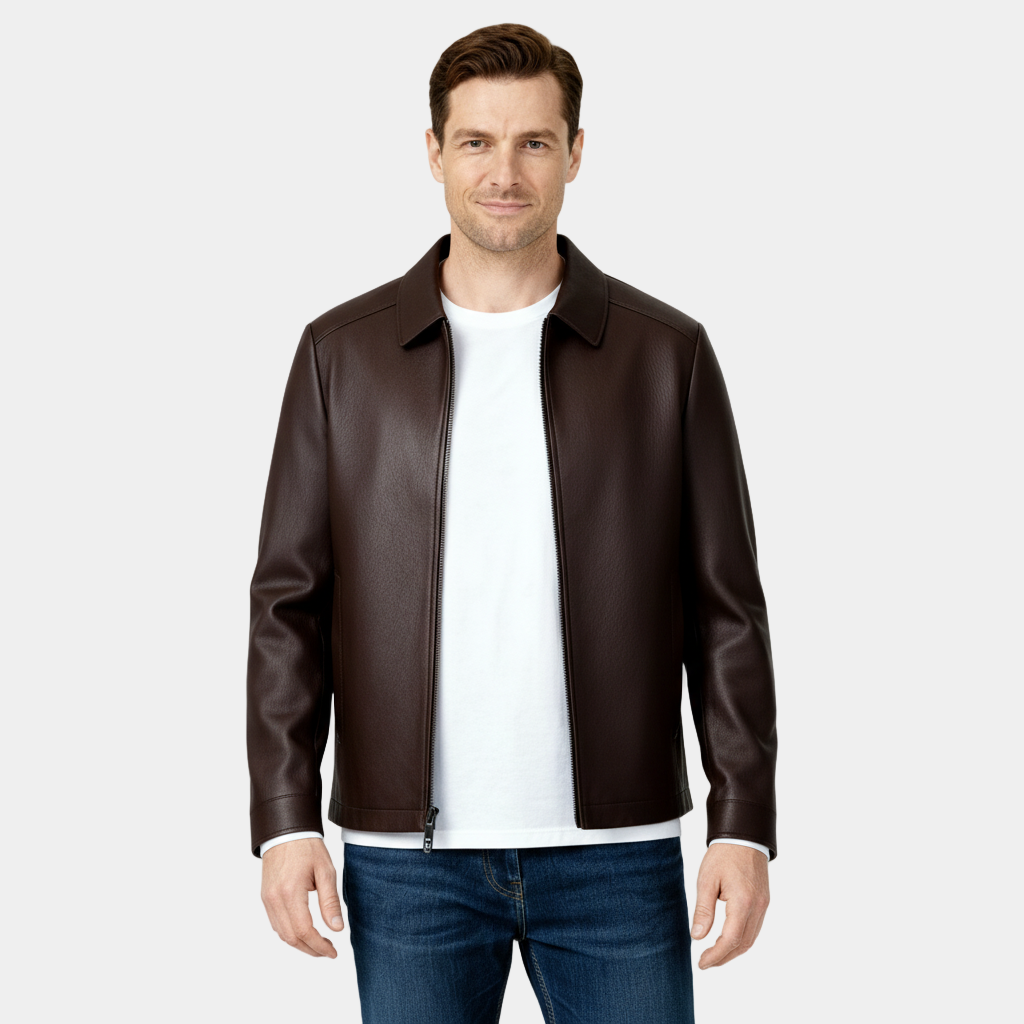 Men's Leather Harrington Jacket with Classic Collar – Stylish Outerwear for Casual and Smart-Casual Occasions