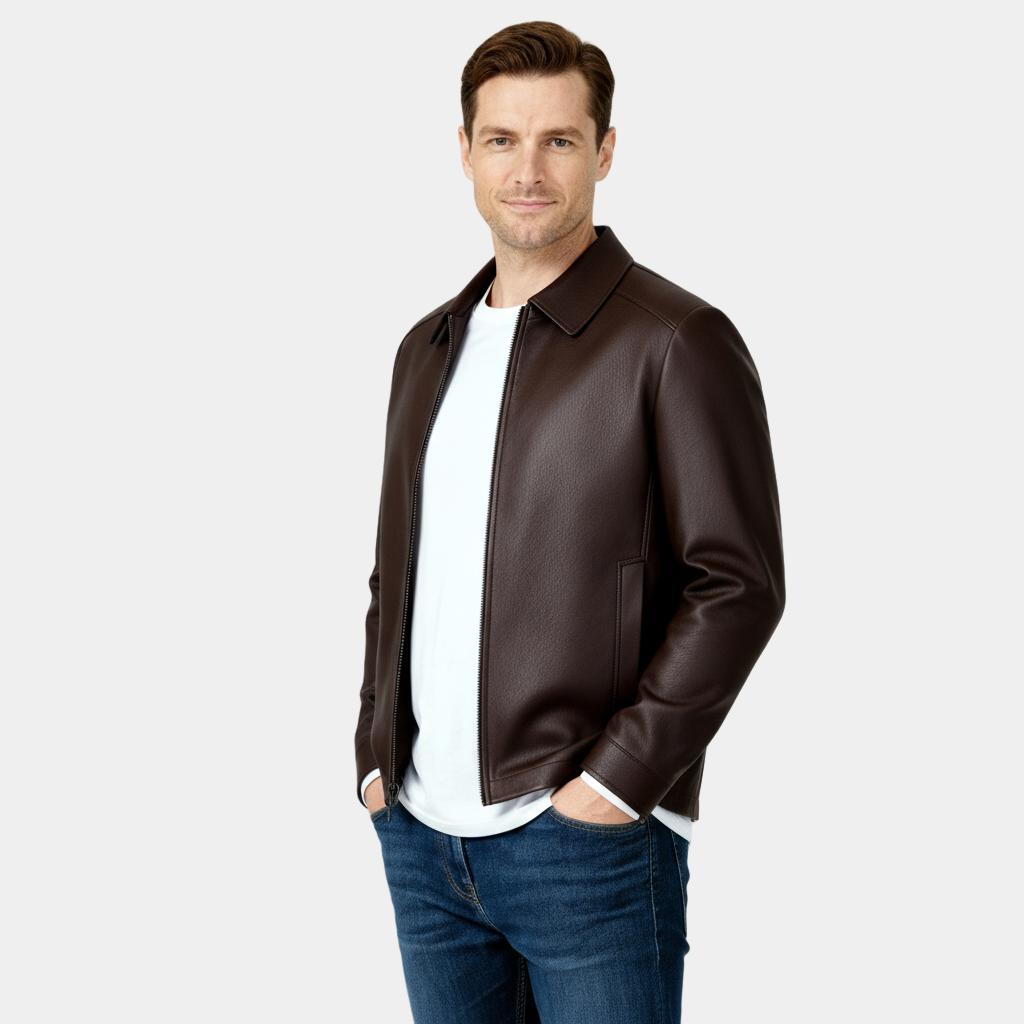 Men's Leather Harrington Jacket with Classic Collar – Stylish Outerwear for Casual and Smart-Casual Occasions