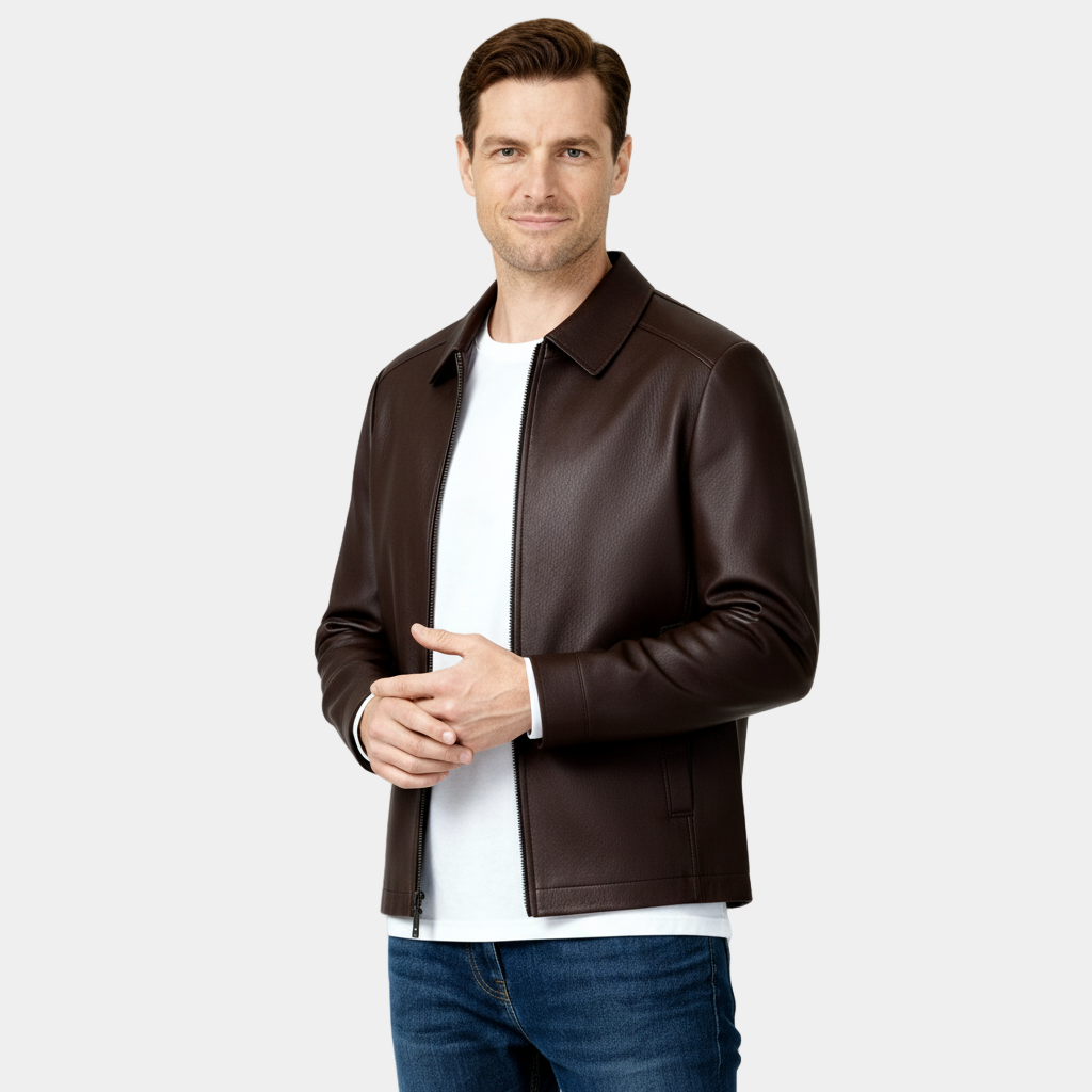Men's Leather Harrington Jacket with Classic Collar – Stylish Outerwear for Casual and Smart-Casual Occasions