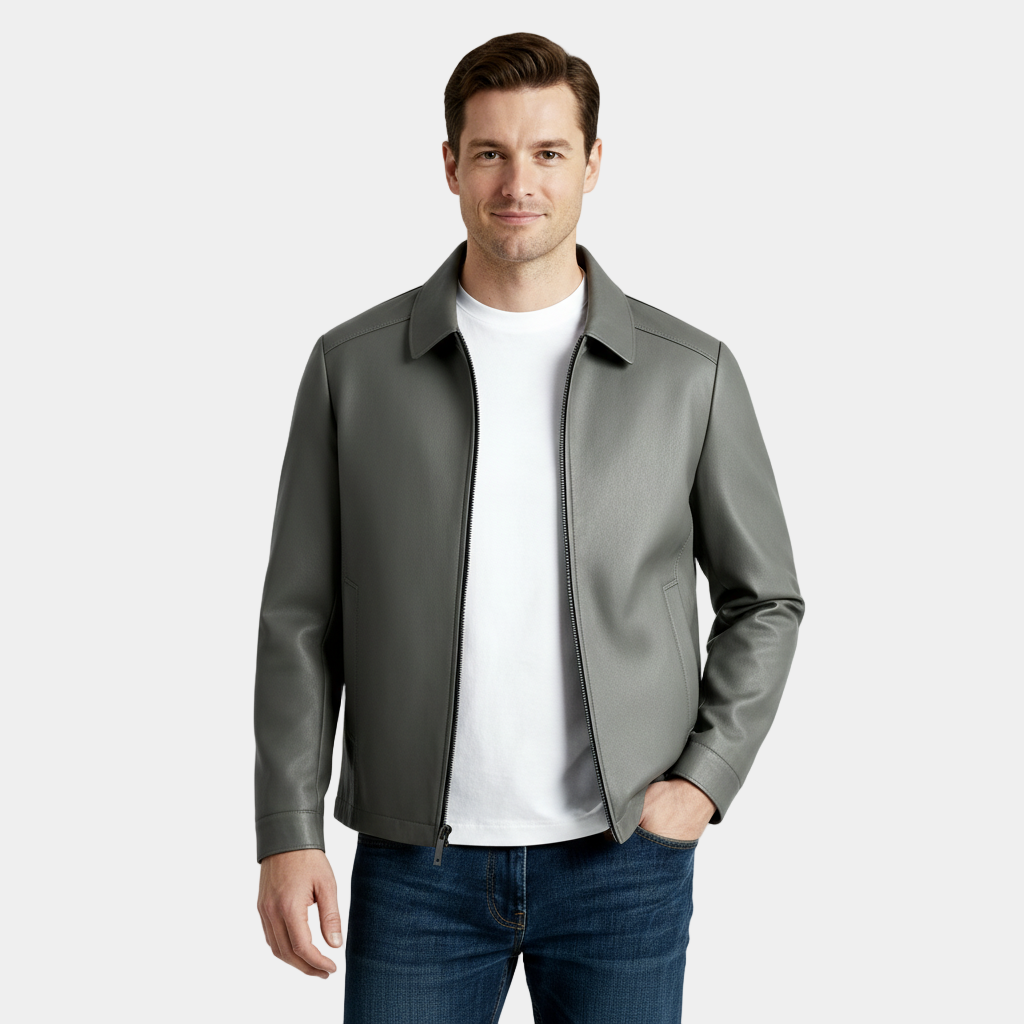 Men's Leather Harrington Jacket with Classic Collar – Stylish Outerwear for Casual and Smart-Casual Occasions