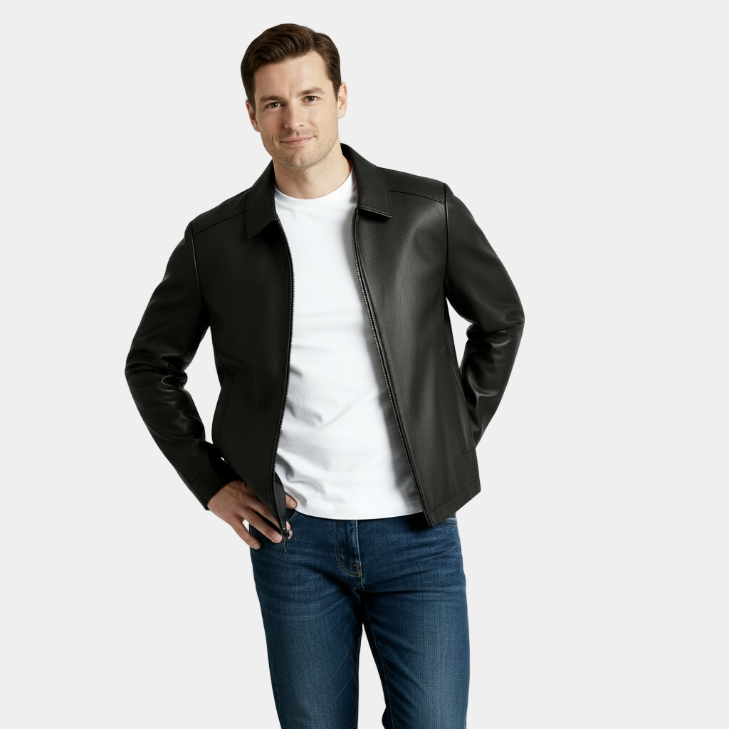 Men's Leather Harrington Jacket with Classic Collar – Stylish Outerwear for Casual and Smart-Casual Occasions