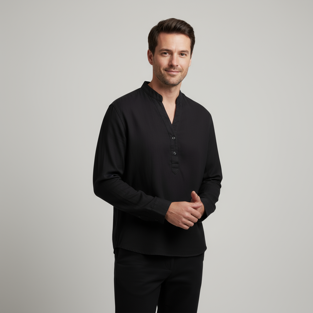 Men's Lightweight Linen Grandad Shirt - Long Sleeve Casual Wear for Summer and Spring