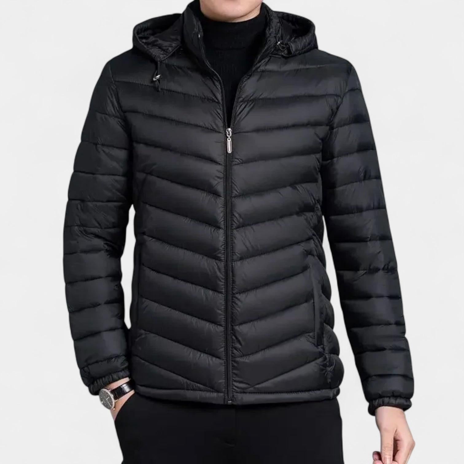 Men's Lightweight Quilted Hooded Puffer Jacket - Insulated Baffle Design for Outdoor Activities and Casual Wear
