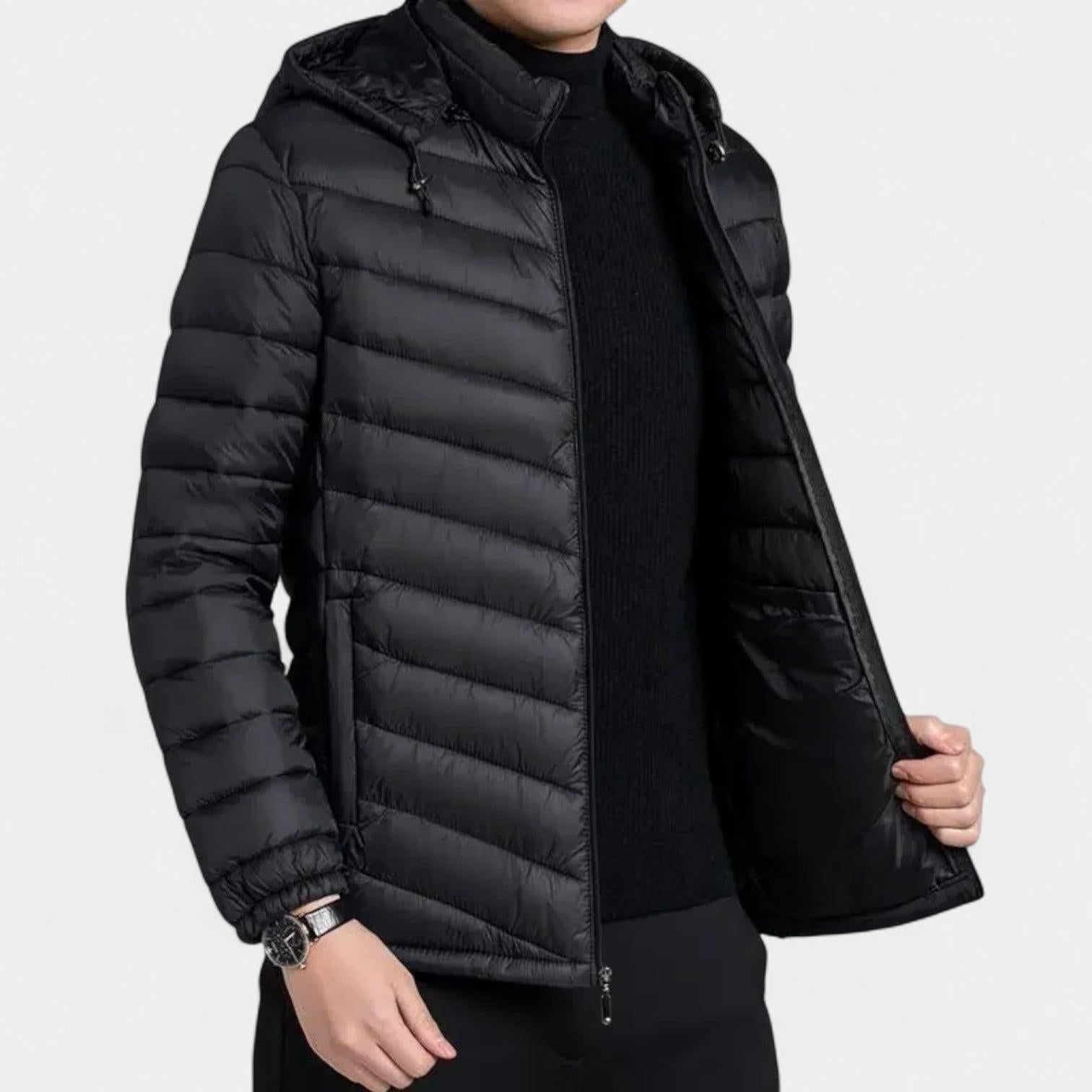 Men's Lightweight Quilted Hooded Puffer Jacket - Insulated Baffle Design for Outdoor Activities and Casual Wear