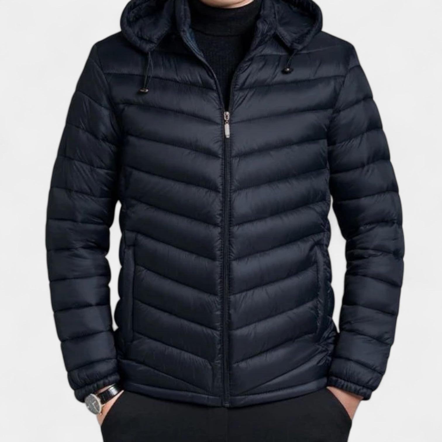 Men's Lightweight Quilted Hooded Puffer Jacket - Insulated Baffle Design for Outdoor Activities and Casual Wear