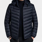 Men's Lightweight Quilted Hooded Puffer Jacket - Insulated Baffle Design for Outdoor Activities and Casual Wear