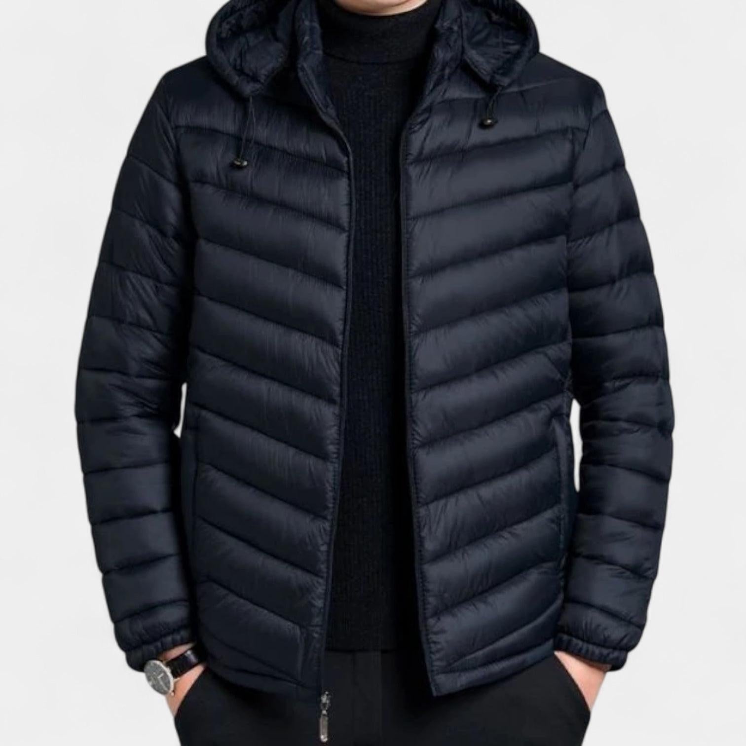 Men's Lightweight Quilted Hooded Puffer Jacket - Insulated Baffle Design for Outdoor Activities and Casual Wear