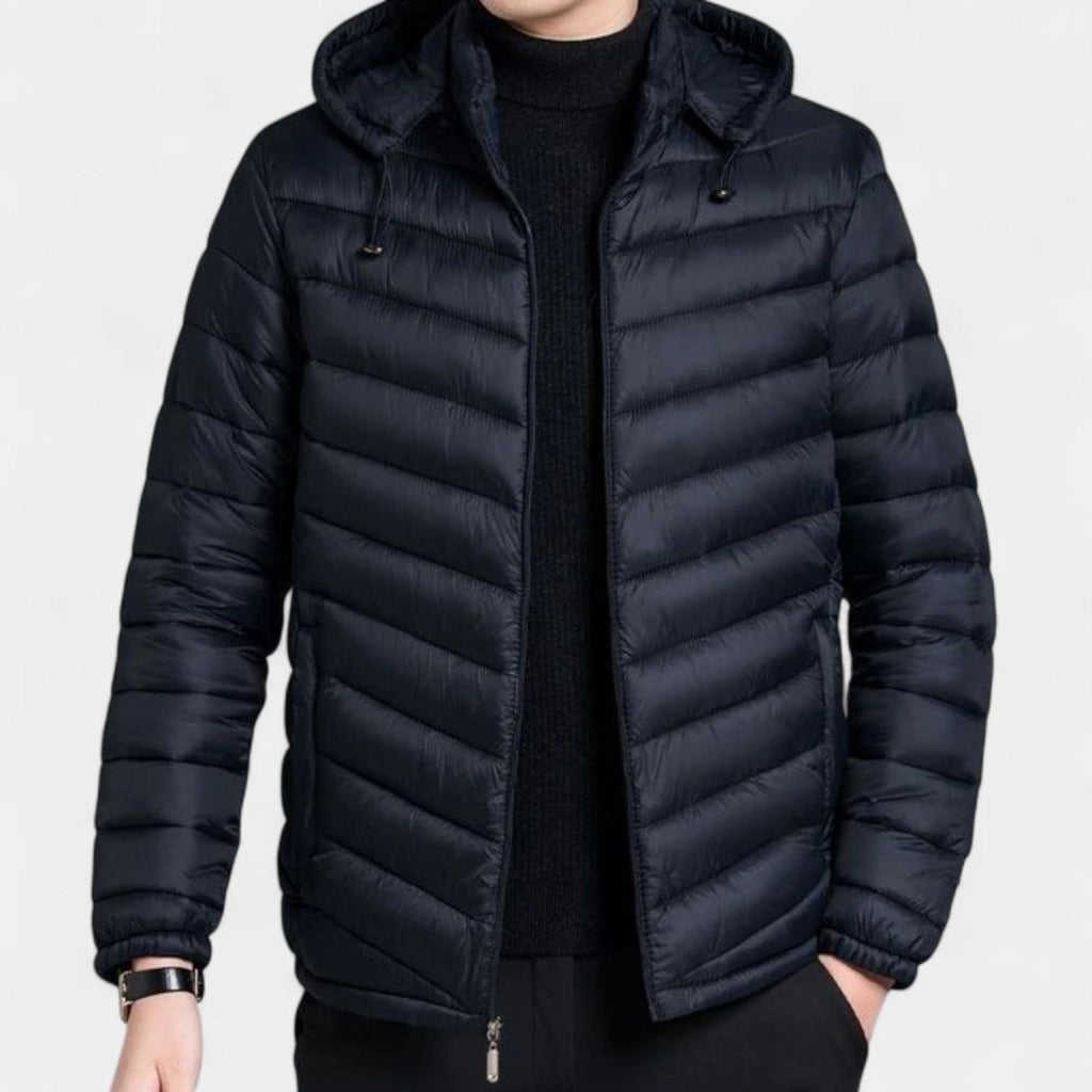 Men's Lightweight Quilted Hooded Puffer Jacket - Insulated Baffle Design for Outdoor Activities and Casual Wear